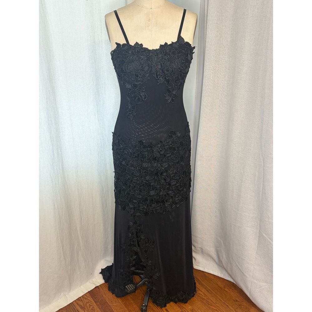 Alberto Makali New York Black Sheer Floral Floor Length Gown Gala Formal Size 8